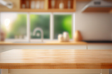 Light Wood Table on Blurred Kitchen Background. generative ai