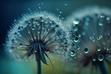 Dandelion seeds on blue with droplets. Generative AI.