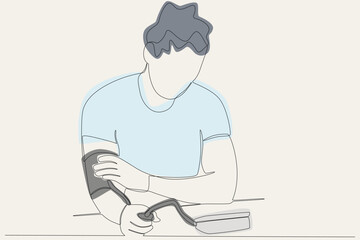A color illustration of a man checking blood pressure. Hypertension one-line drawing