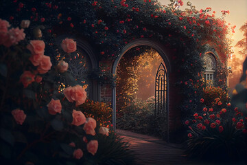 Magical English garden backdrop, generative ai