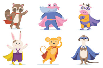 Obraz na płótnie Canvas Funny superhero animals icon set concept in the flat cartoon style. Image of various animals in superhero costumes. Vector illustration.