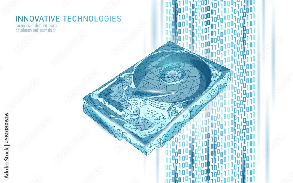 Poster hdd hard disk drive file hardware. 3d low poly information storage record system it technology compu