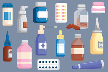 Set Of First Aid Kit concept in the flat cartoon design on a dark background. Tablets, syrups and other medicines that should be in every set of first aid kit. Vector illustration.