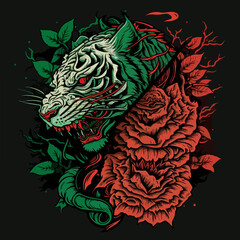 ferocious tiger head surrounded by red roses