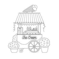 Cute ice cream cart coloring page line art. Summer street food black and white outline. Gelato shop take away ice cream stand with signboard, gelato trays, cones, menu sign, pot flowers, pennants. 