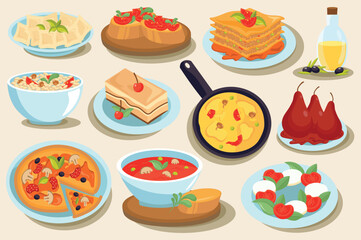 Italian Cuisine set concept in the flat cartoon design on a yellow background. Images of various dishes of exclusively Italian cuisine. Vector illustration.