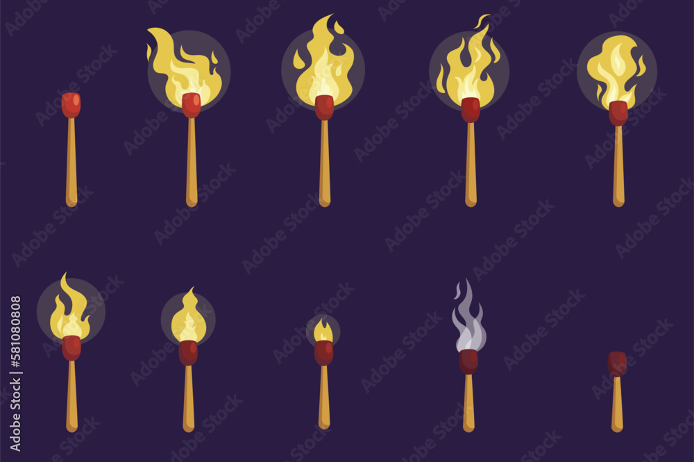 Poster animation frames concept in the flat cartoon style on a dark background. image of a burning match fr