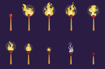 Animation frames concept in the flat cartoon style on a dark background. Image of a burning match from the moment of ignition to extinction. Vector illustration.