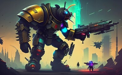 Giant Warrior Bee in Futuristic Post Apocalyptic Cyberpunk City.