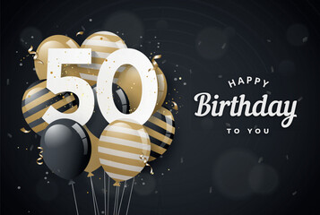 Happy 50th birthday balloons greeting card black background. 50 years anniversary. 50th celebrating with confetti. Vector stock - obrazy, fototapety, plakaty