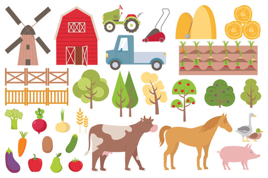 Own Farm Big Set icons concept in the flat cartoon design. Images of domestic animals, vegetables, equipment, which are on every farm. Vector illustration.