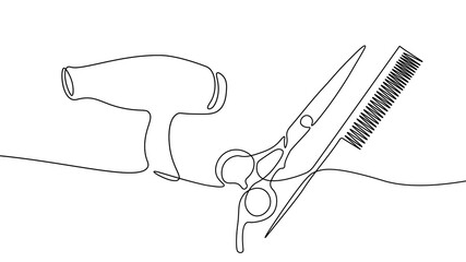 One line continuous scissors hairdresser symbol concept. Silhouette hair design image style technology icon. Digital white single line sketch drawing vector illustration