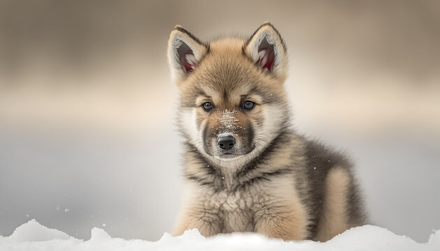 a wolf baby in the snow, generative ai