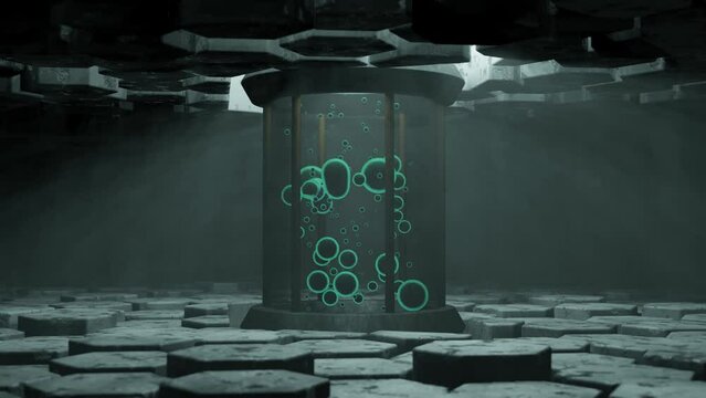 Looped 3D animation of a chemical reactor in which luminous drops move. Many metal hexagons at the top and bottom. Fantastic design of a biological power plant.