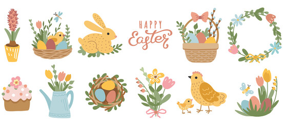 Happy Easter collection of cute illustrations, baskets with eggs, flowers, butterflies and chickens. Set of flat easter symbols