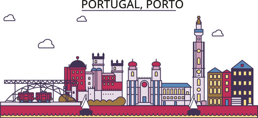 Portugal, Porto tourism landmarks, vector city travel illustration - obrazy, fototapety, plakaty