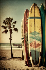 Surfboard on the tropical beach abstract background. Vintage tone color style. Generative ai