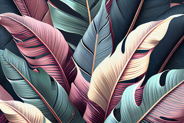 Tropical luxury exotic seamless pattern. Pastel colorful banana leaves, palm. Hand-drawn vintage 3D illustration. generative ai 