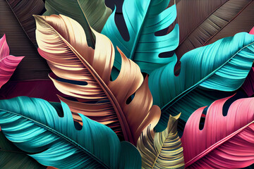 Tropical luxury exotic seamless pattern. Pastel colorful banana leaves, palm. Hand-drawn vintage 3D illustration. generative ai 