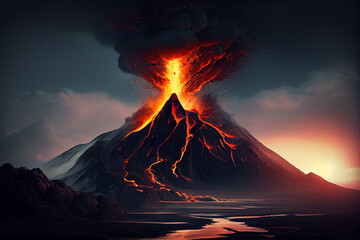 volcano eruption, lava coming down a mountain. generative ai