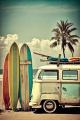Foto op Plexiglas Surfboard on the tropical beach abstract background. Vintage tone color style. Generative ai © tonktiti