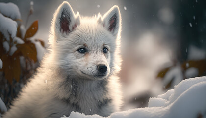 Obraz premium a wolf baby in the snow, generative ai