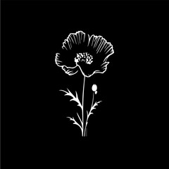 Poppy flower logo template, white icon of blossom poppy petals silhouette on black background, boutique logotype concept, cosmetic emblem, tattoo. Vector illustration