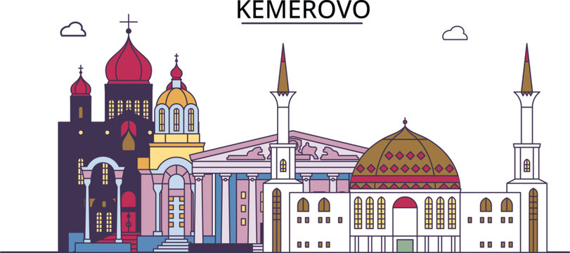 Russia, Kemerovo tourism landmarks, vector city travel illustration
