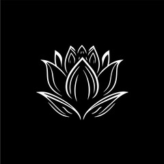 Minimalistic waterlily logo template, white icon of lotus petals flower silhouette on black background, yoga logotype concept, cosmetic emblem, tattoo. Vector illustration