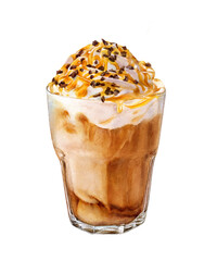 Watercolor illustration of a watercolor coffee latte with caramel, hand drawn, isolated on a white background. Coffee with cream, drizzled with caramel and sprinkled with chocolate chips