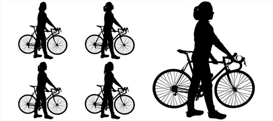 Big set of female cyclists silhouettes. Girl with a bicycle. A woman walks with a bicycle, holding the steering wheel. Cycling. Side view. Black color silhouette isolated on white background.