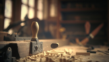 Abstract carpentry woodcraft studio, indoor woodworking workshop background with copy space. AI generative image.