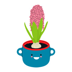 Cartoon vector hyacinth flower in pot with cute face.