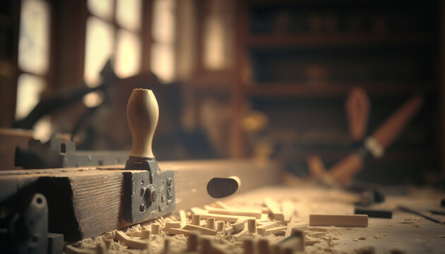 Abstract carpentry woodcraft studio, indoor woodworking workshop background with copy space. AI generative image.