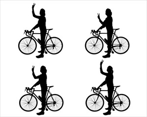 Obraz premium Big set of silhouettes of women cyclists. The girl stands near the bike and holds on to the steering wheel. A woman shows a 