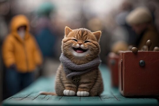 Adorable cute little smiling cat doll character. Generative AI