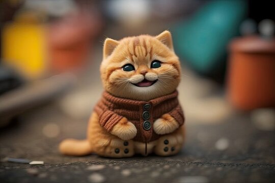 Adorable cute little smiling cat doll character. Generative AI