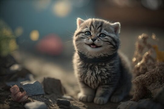 Adorable cute little smiling cat doll character. Generative AI