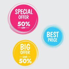 Special offer, best price, big offer labels and banners with 50% off tag design vector