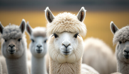 Cute alpaca close up portrait on blurred nature outdoor background. AI generative image.