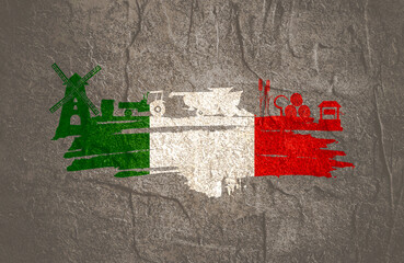 Brush stroke with agricultural icons textured by flag of Italy. Background for eco products.