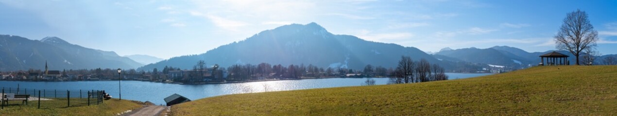 wide panoramic landscape lake Tegernsee and bavarian alps