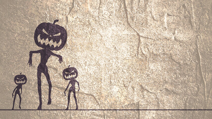 Halloween holiday poster. Zombie silhouettes with pumpkins head