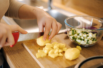 Close-up of female cutting potato on wooden board at home. Home made food concept