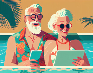 Illustration of elderly couple with laptop by the pool, Generative Ai - 581087248