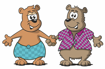 Bärenpaar im Comicstil mit kariertem Rock und kariertem Hemd