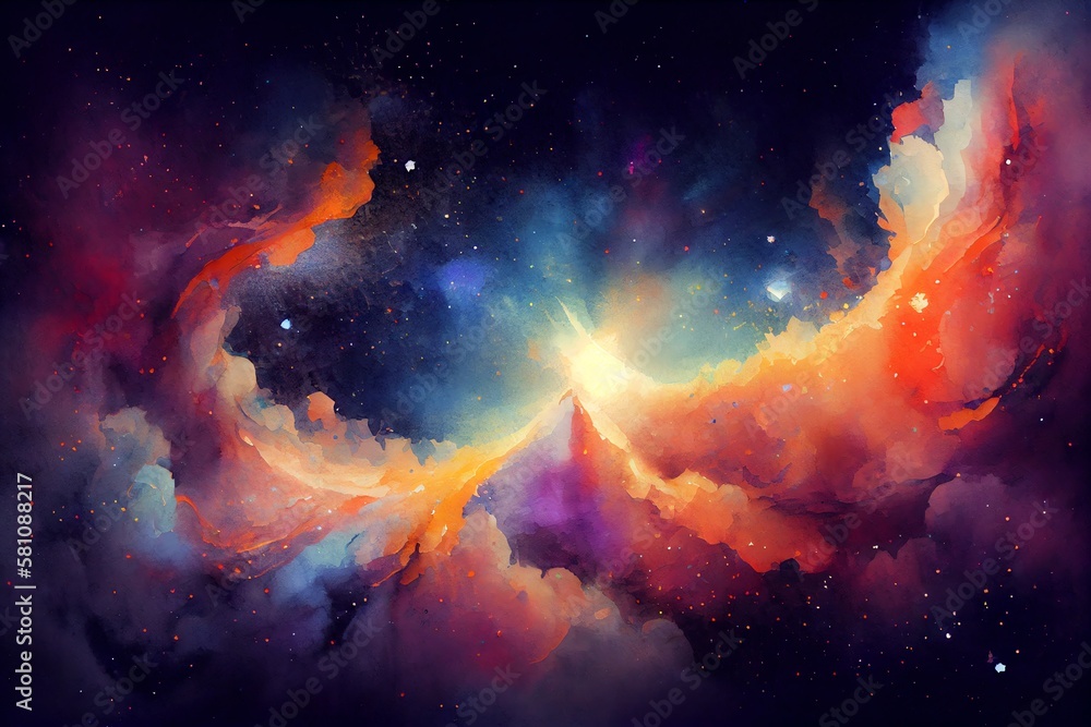 Poster watercolor illustration of a abstract outer space endless nebula galaxy background. generative ai