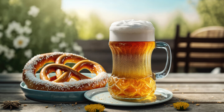 a beer and a pretzel on a sunny garden table, generative ai