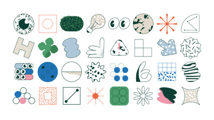 A set of creative icons with a bold tiger pattern and dots, featuring geometric figures in the Memphis style. Ideal for contemporary digital art, branding, or graphic design projects.
