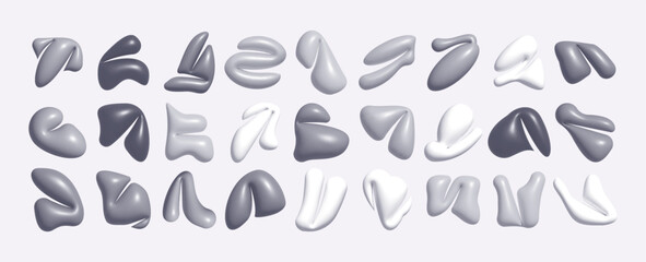 Set of vector 3d shapes and objects. cracked stones, brutalistic figures, spills, streaks, liquid forms	
